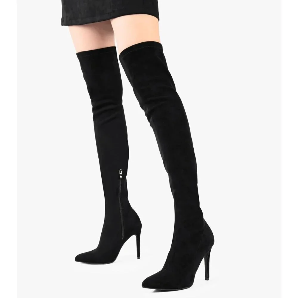 🆕Women Suede Black Over The Knee High Stretchy Leather Thigh High Snow Boots